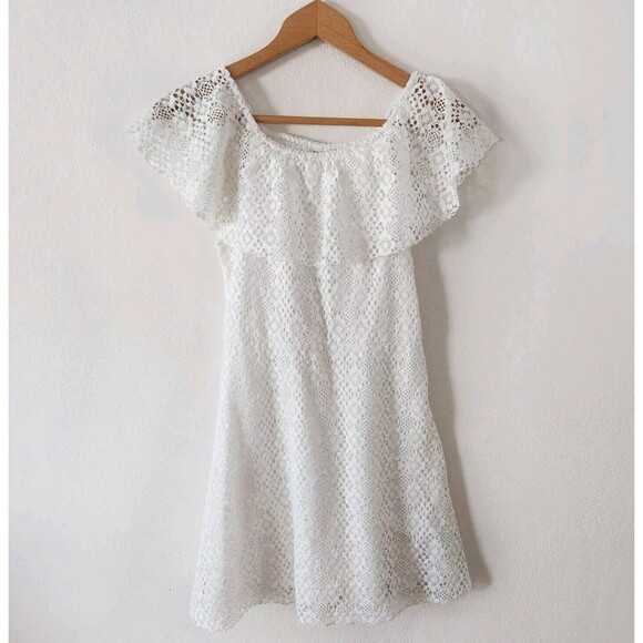 Zara Girls White Off Shoulder Cotton Blend Lace Eyelet Dress Sz 13/14 Communion - Picture 1 of 5
